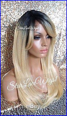 Lace Front Wig Human Hair Blend Straight Blonde Dark Roots Bangs Heat Safe Ok