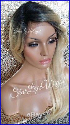 Lace Front Wig Human Hair Blend Straight Blonde Dark Roots Bangs Heat Safe Ok