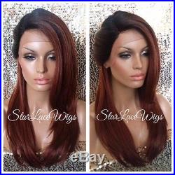 Lace Front Wig Human Hair Blend Straight Copper Orange Dark Root Swiss Heat Safe
