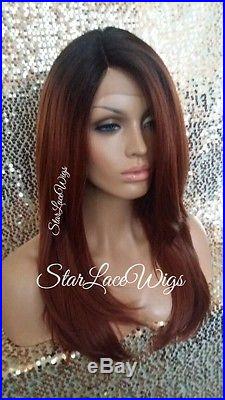 Lace Front Wig Human Hair Blend Straight Copper Orange Dark Root Swiss Heat Safe