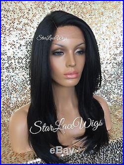 Lace Front Wig Human Hair Blend Straight Layers #1b Long Heat Safe Ok Side Part