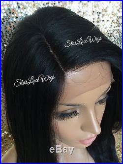 Lace Front Wig Human Hair Blend Straight Layers #1b Long Heat Safe Ok Side Part