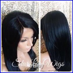 Lace Front Wig Human Hair Blend Straight Layers Bangs #1b Wigs For Women Heat Ok