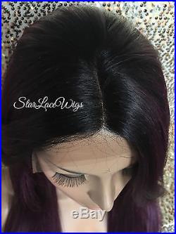 Lace Front Wig Human Hair Blend Straight Plum Wine Dark Root Long Wigs For Women