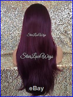 Lace Front Wig Human Hair Blend Straight Plum Wine Dark Root Long Wigs For Women