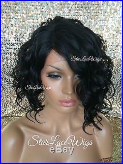 Lace Front Wig Human Hair Blend Wigs For Women Jet Black #1 Wavy Bob Heat Safe