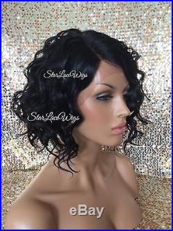 Lace Front Wig Human Hair Blend Wigs For Women Jet Black #1 Wavy Bob Heat Safe