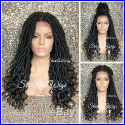 Long Lace Front Wig Faux Locs 4x4 Parting Space Jet Black #1 Curly Glueless