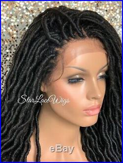 Long Lace Front Wig Faux Locs 4x4 Parting Space Jet Black #1 Curly Glueless