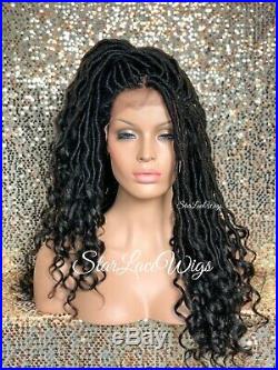 Long Lace Front Wig Faux Locs 4x4 Parting Space Off Black #1b Curly Glueless