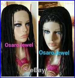 Long black, neat micro braided lace front wig. Box braids. Human hair blend