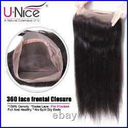 Pre Plucked 360 Lace Frontal UNice Peruvian Straight Human Hair Lace Closure US
