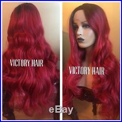Rich Wavy Red With Darker Black Root Ombre lace front wig. Human Hair Blend