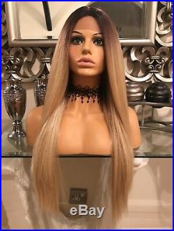 Silk, Swiss lace, blonde human hair wig, hand knotted, ombre, lace front