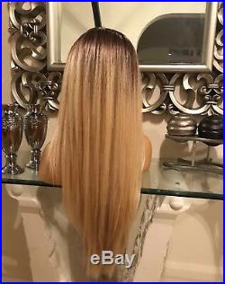 Silk, Swiss lace, blonde human hair wig, hand knotted, ombre, lace front