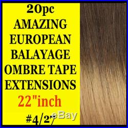 Tape Skin Weft 4/27 Balayage Ombre Remy Human Hair Extensions Brown Blonde 20Pcs