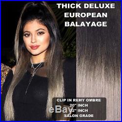 Thick Dip Dye 1b/gray Balayage Ombre Clip In Remy Human Hair Extensions Grey