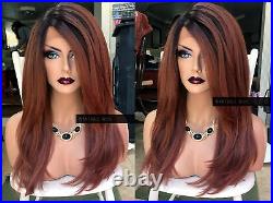 USA HUMAN HAIR BLEND Ombre Auburn Brown LACE FRONT Wig + Swiss Lace PART & Root