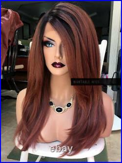 USA HUMAN HAIR BLEND Ombre Auburn Brown LACE FRONT Wig + Swiss Lace PART & Root