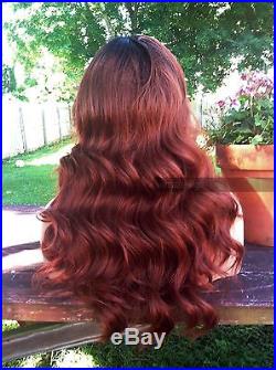 USA Human HAIR BLEND 4x4 Swiss LACE FRONT Wavy Auburn Brown Red Wig