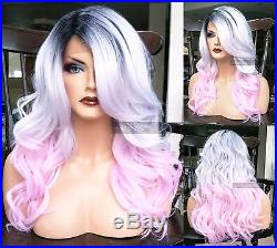 USA Human HAIR BLEND Silver Ombre Gray Pink Wavy Swiss LACE FRONT WIG Dark Root