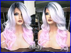 USA Human HAIR BLEND Silver Ombre Gray Pink Wavy Swiss LACE FRONT WIG Dark Root