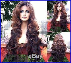 USA Human Hair BLEND Long Black Brown Ombre 4x4 LACE FRONT Dark Root Wig