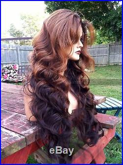 USA Human Hair BLEND Long Black Brown Ombre 4x4 LACE FRONT Dark Root Wig