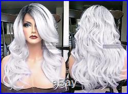 USA Human Hair BLEND Ombre Gray Silver Swiss LACE FRONT WIG Wavy Dark Root Heat