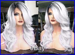 USA Human Hair BLEND Ombre Gray Silver Swiss LACE FRONT WIG Wavy Dark Root Heat