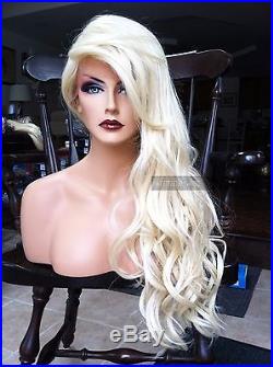 USA Human Hair BLEND Platinum Blonde Swiss LACE FRONT Princess Cosplay Wig